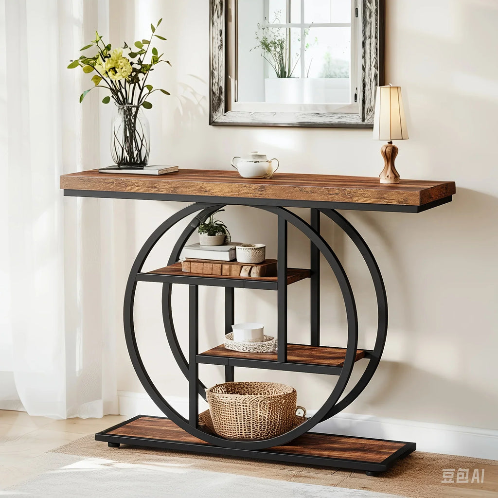 [Industrial Console Table] Industrial Style 41.3" Console Table | 4-Tier Sofa Table With Round Base & Storage Shelves For Living Room, Hallway, Foyer - Rustic Brown House Of Avana