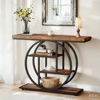 [Industrial Console Table] Industrial Style 41.3" Console Table | 4-Tier Sofa Table With Round Base & Storage Shelves For Living Room, Hallway, Foyer - Rustic Brown House Of Avana