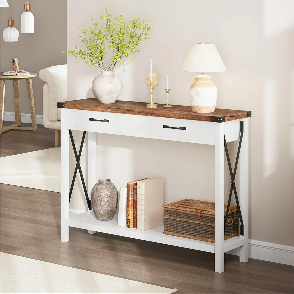 Industrial Farmhouse Entryway Table - Console Table with 2 Drawers, Heavy-Duty Sofa Table, Scratch-Resistant, Easy Assembly, Living Room, Hallway, Foyer Furniture for Farmhouse, Modern, Traditional Decor - Space-Saving Narrow House Of Avana