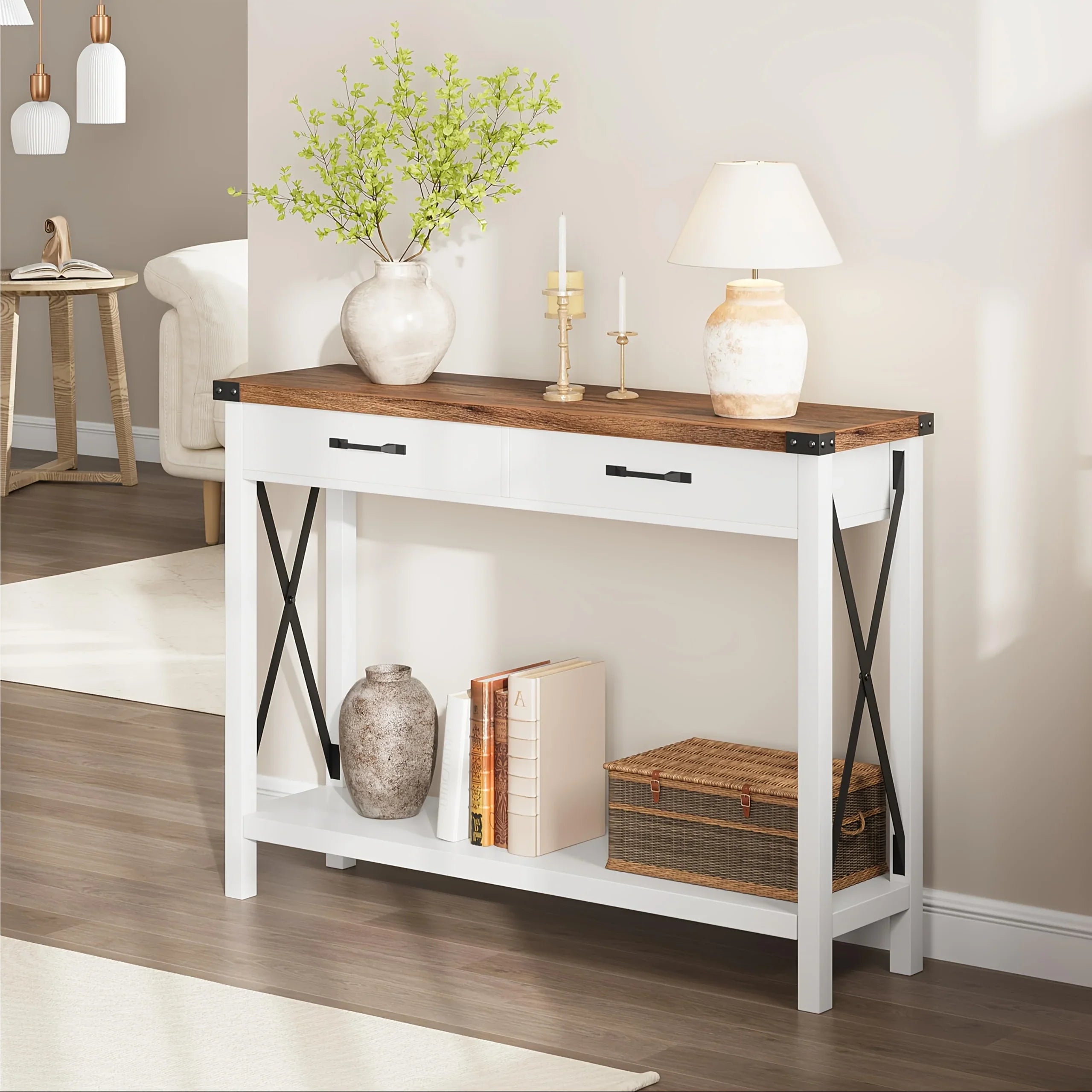 Industrial Farmhouse Entryway Table - Console Table with 2 Drawers, Heavy-Duty Sofa Table, Scratch-Resistant, Easy Assembly, Living Room, Hallway, Foyer Furniture for Farmhouse, Modern, Traditional Decor - Space-Saving Narrow House Of Avana