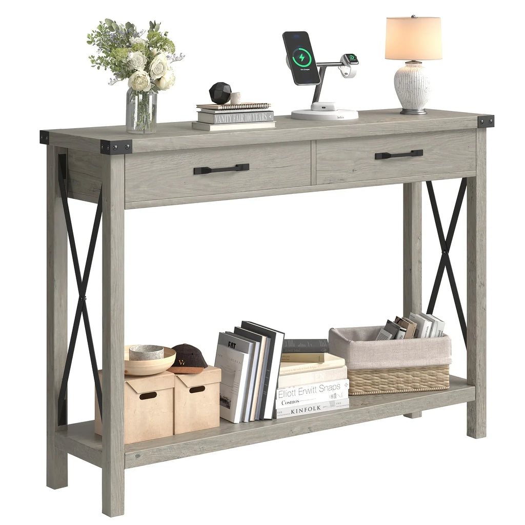 Industrial Farmhouse Entryway Table - Console Table with 2 Drawers, Heavy-Duty Sofa Table, Scratch-Resistant, Easy Assembly, Living Room, Hallway, Foyer Furniture for Farmhouse, Modern, Traditional Decor - Space-Saving Narrow House Of Avana