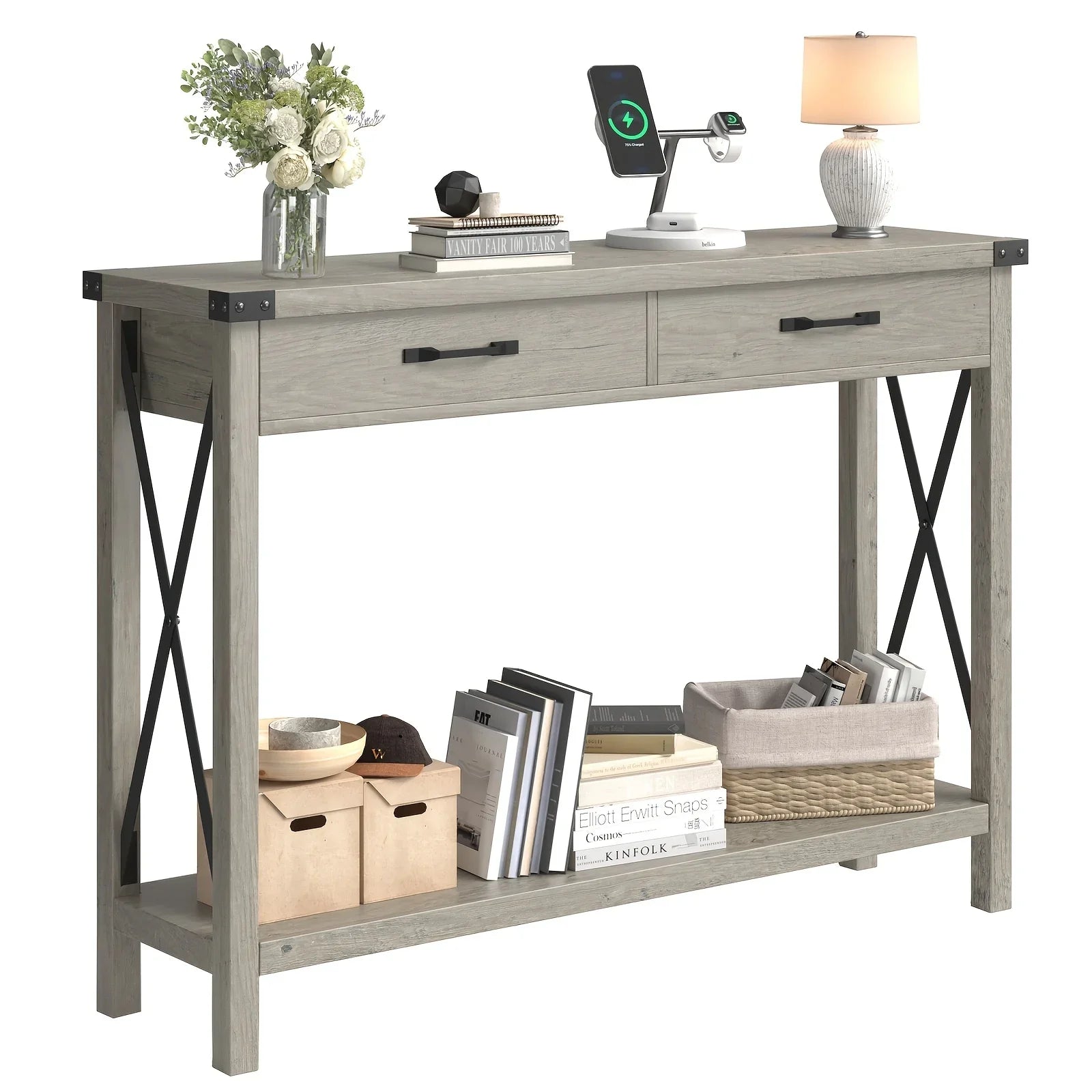 Industrial Farmhouse Entryway Table - Console Table with 2 Drawers, Heavy-Duty Sofa Table, Scratch-Resistant, Easy Assembly, Living Room, Hallway, Foyer Furniture for Farmhouse, Modern, Traditional Decor - Space-Saving Narrow House Of Avana