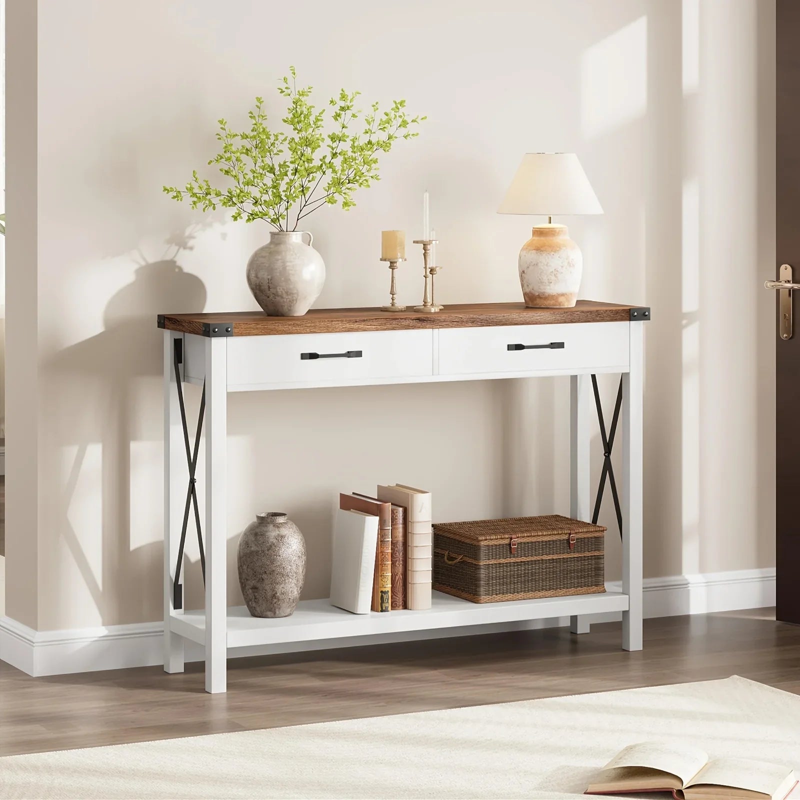 Industrial Farmhouse Entryway Table - Console Table with 2 Drawers, Heavy-Duty Sofa Table, Scratch-Resistant, Easy Assembly, Living Room, Hallway, Foyer Furniture for Farmhouse, Modern, Traditional Decor - Space-Saving Narrow House Of Avana