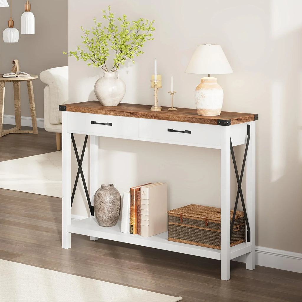 Industrial Farmhouse Entryway Table - Console Table with 2 Drawers, Heavy-Duty Sofa Table, Scratch-Resistant, Easy Assembly, Living Room, Hallway, Foyer Furniture for Farmhouse, Modern, Traditional Decor - Space-Saving Narrow House Of Avana
