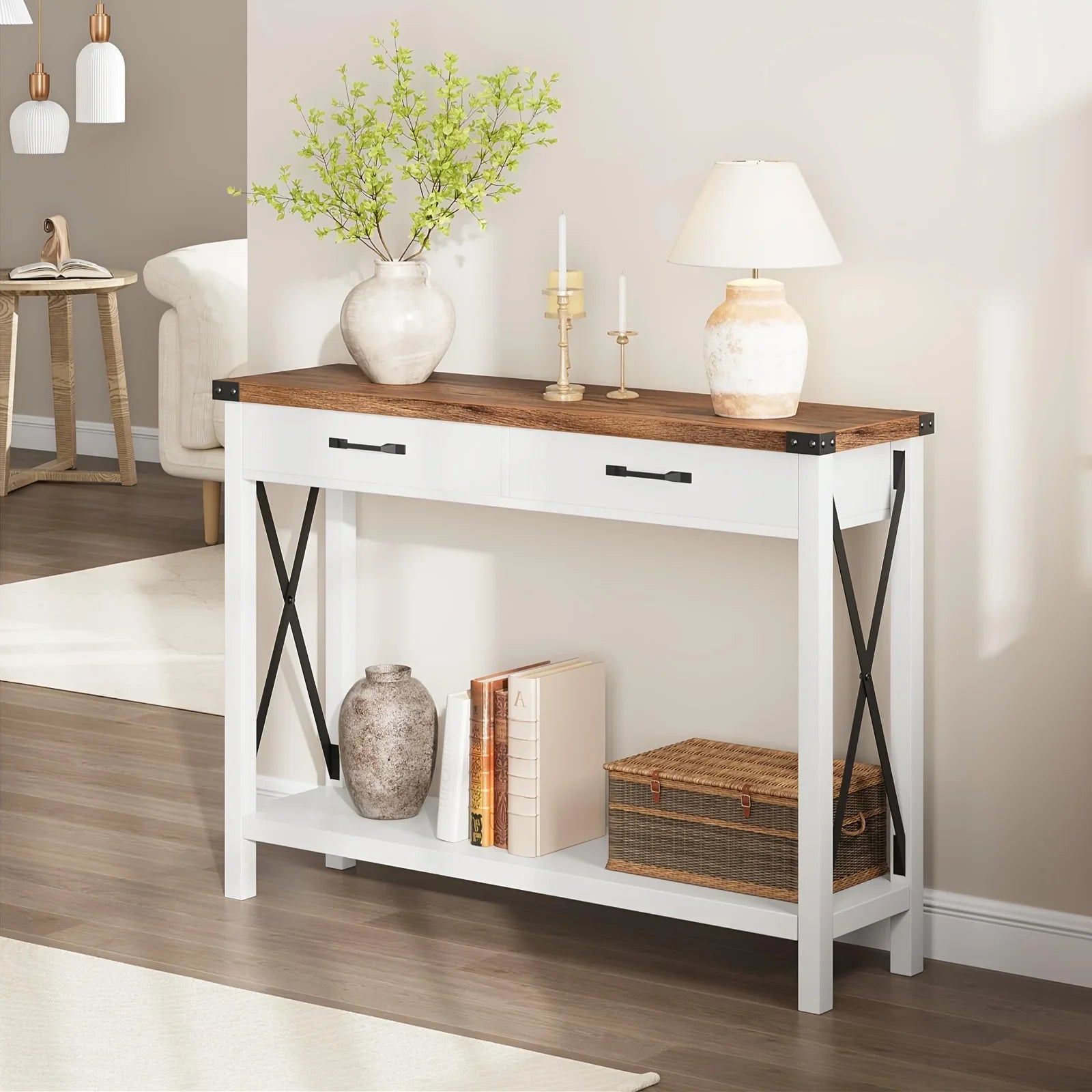 Industrial Farmhouse Entryway Table - Console Table with 2 Drawers, Heavy-Duty Sofa Table, Scratch-Resistant, Easy Assembly, Living Room, Hallway, Foyer Furniture for Farmhouse, Modern, Traditional Decor - Space-Saving Narrow House Of Avana