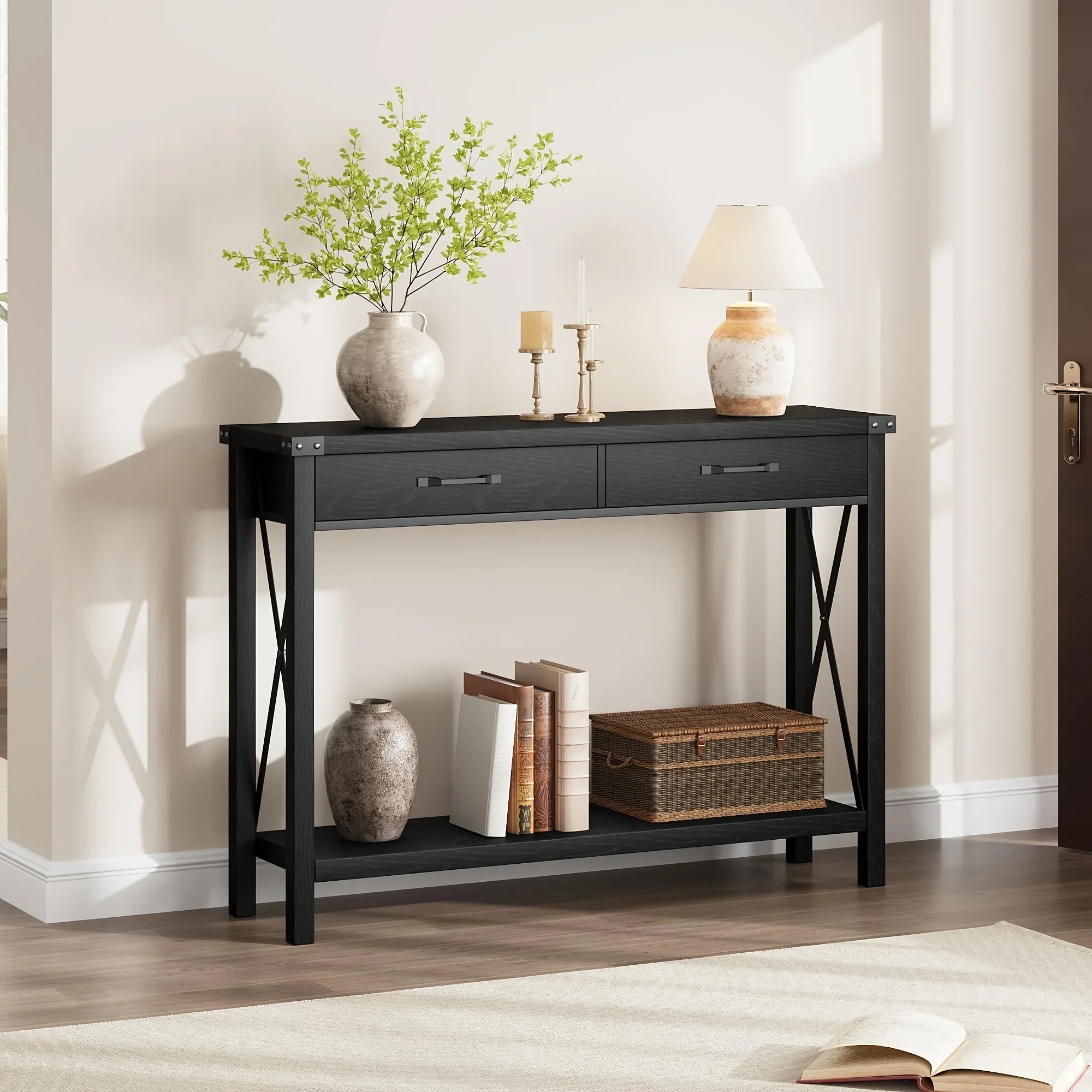 Industrial Farmhouse Entryway Table - Console Table with 2 Drawers, Heavy-Duty Sofa Table, Scratch-Resistant, Easy Assembly, Living Room, Hallway, Foyer Furniture for Farmhouse, Modern, Traditional Decor - Space-Saving Narrow House Of Avana