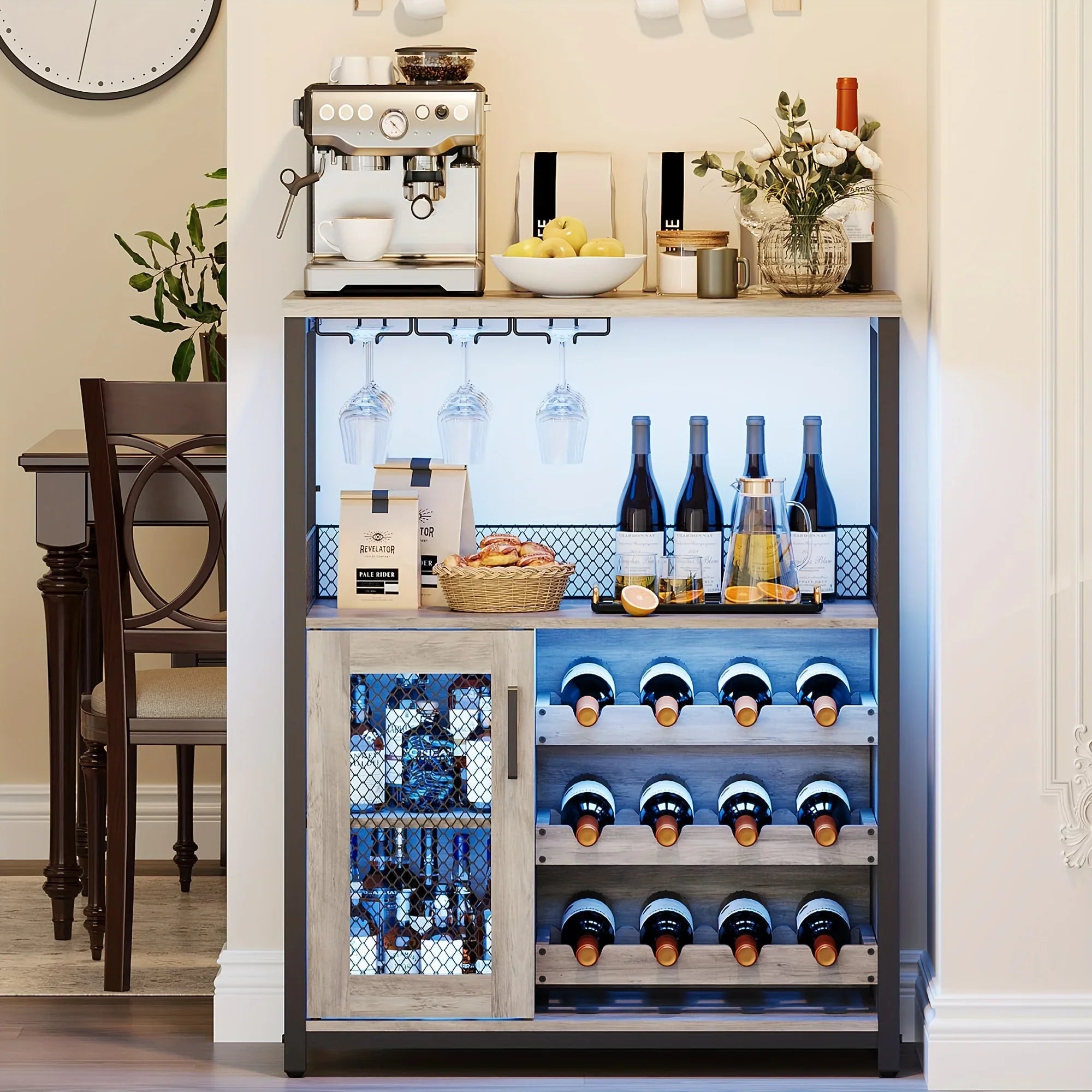 [Industrial Wine Bar Cabinet] 3-Tier Industrial Wine Bar Cabinet with Detachable 12-Bottle Rack | Adjustable Glass Holder, Mesh Door Storage, Metal Sideboard Buffet Cabinet with Shelves, Drawer - Easy Assembly for Home Bar, K House Of Avana