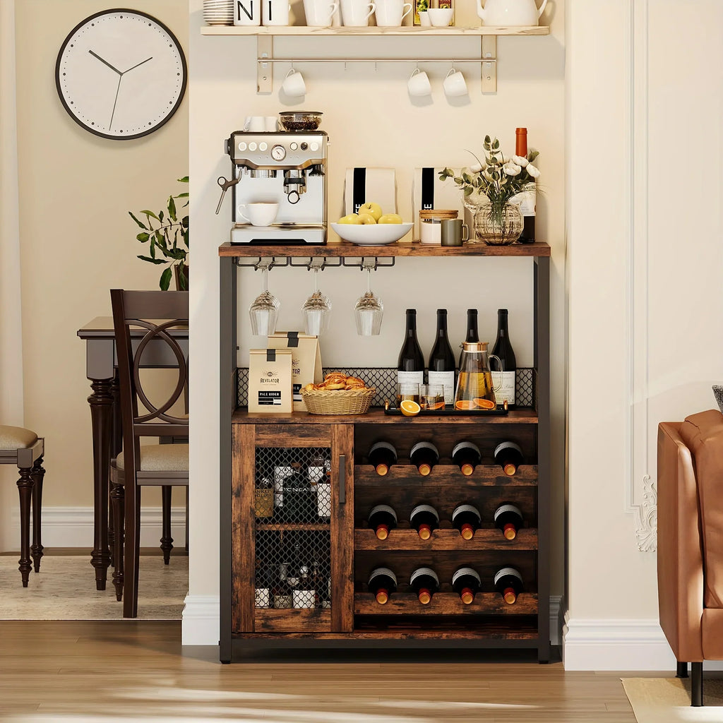[Industrial Wine Bar Cabinet] 3-Tier Industrial Wine Bar Cabinet with Detachable 12-Bottle Rack | Adjustable Glass Holder, Mesh Door Storage, Metal Sideboard Buffet Cabinet with Shelves, Drawer - Easy Assembly for Home Bar, K House Of Avana