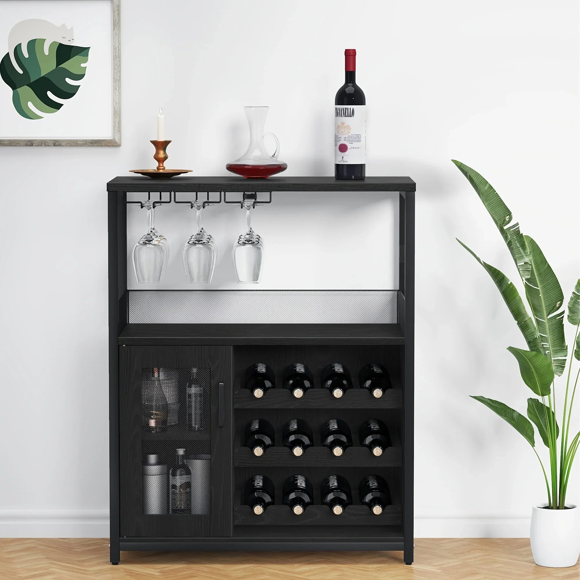 [Industrial Wine Bar Cabinet] 3-Tier Industrial Wine Bar Cabinet with Detachable 12-Bottle Rack | Adjustable Glass Holder, Mesh Door Storage, Metal Sideboard Buffet Cabinet with Shelves, Drawer - Easy Assembly for Home Bar, K House Of Avana