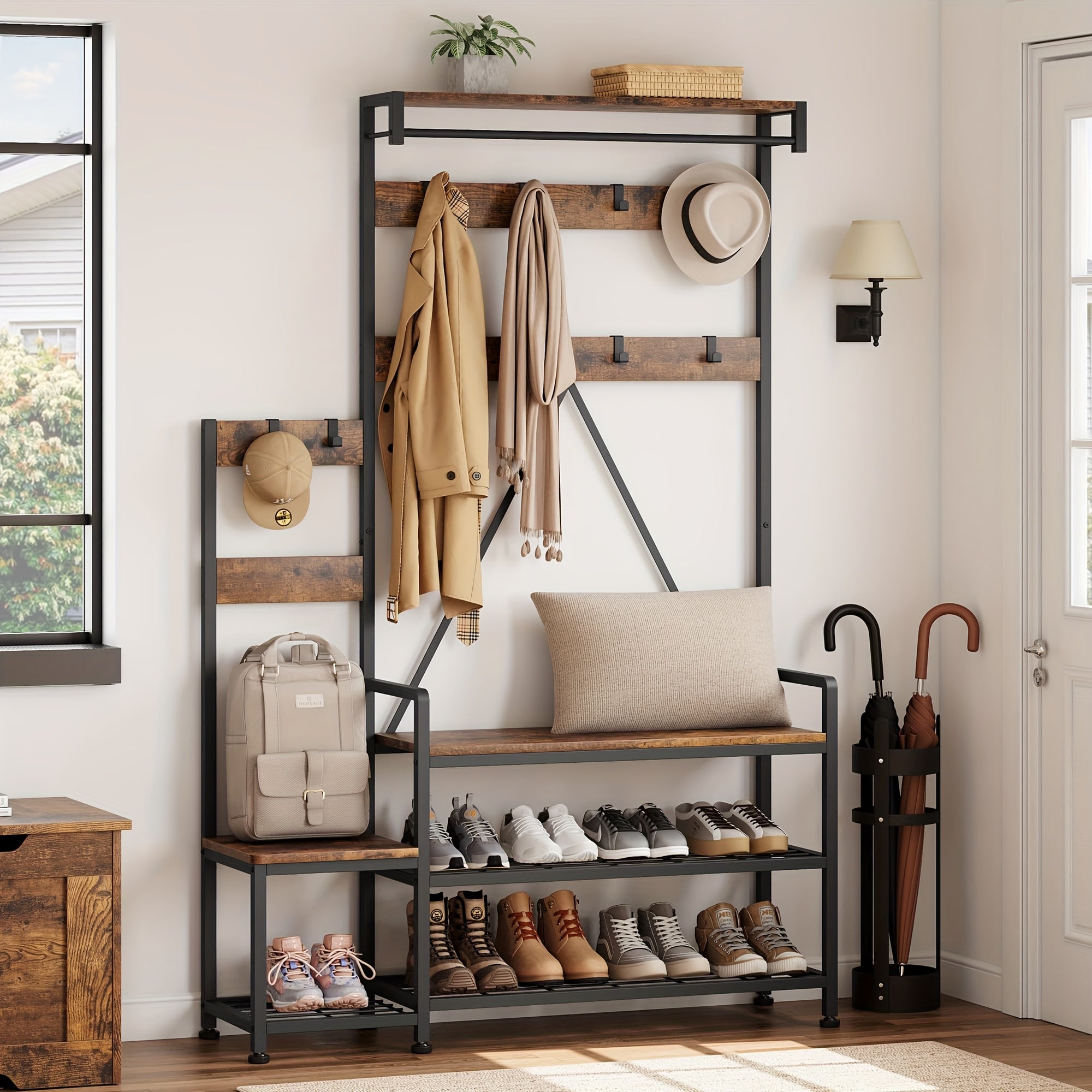 Industrial Hall Tree with Bench & Shoe Storage House Of Avana