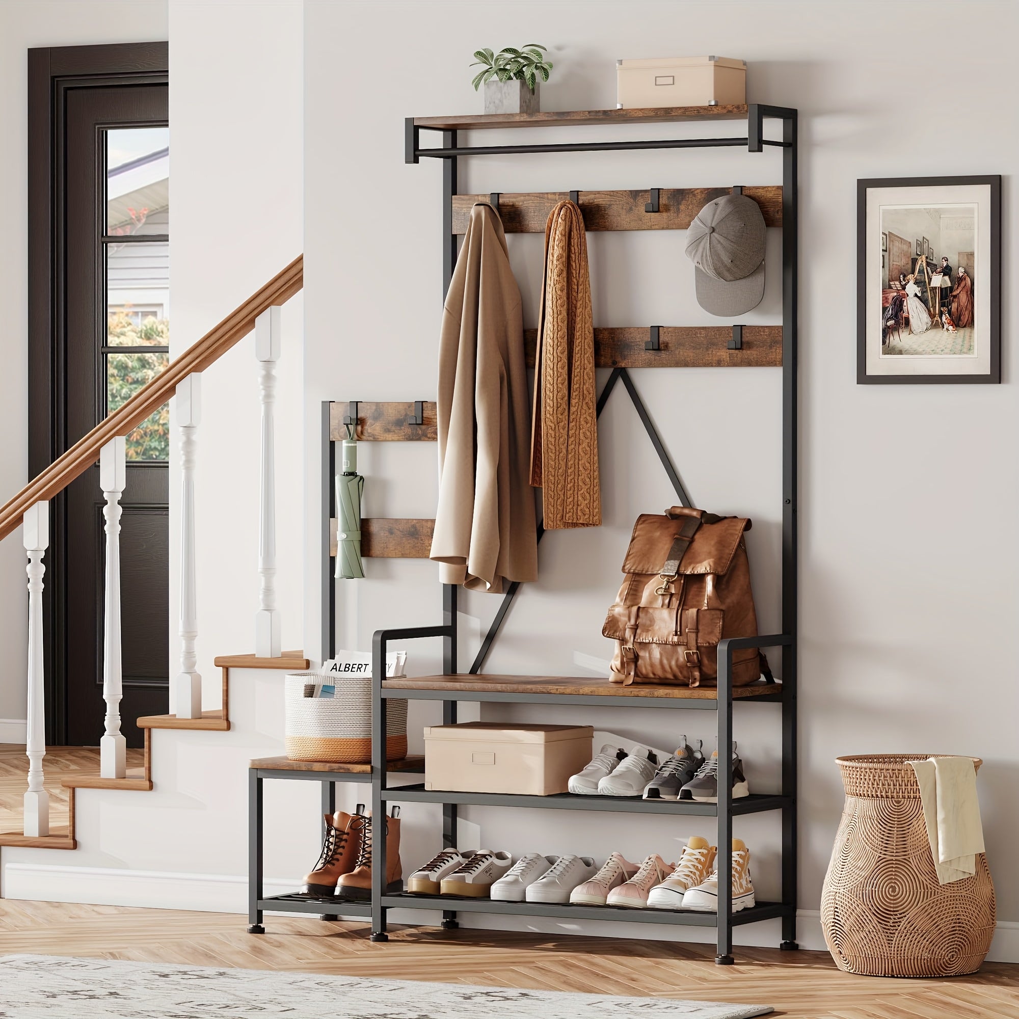 Industrial Hall Tree with Bench & Shoe Storage House Of Avana