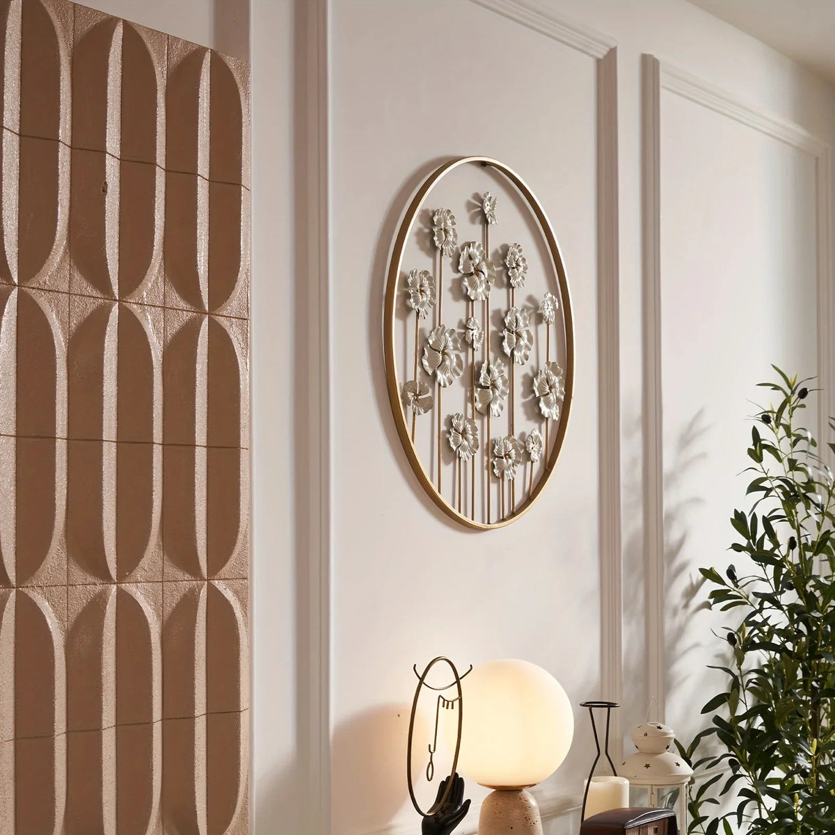 Iron Floral Wall Art with Golden Accents and White Flowers, side view - House Of Avana [[SKU:HOA-WAL-044]]
