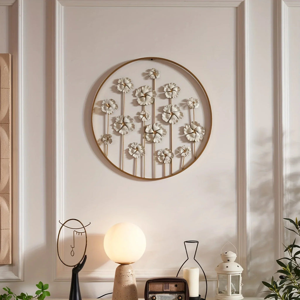 Iron Floral Wall Art with Golden Accents and White Flowers, detail shot - House Of Avana [[SKU:HOA-WAL-044]]