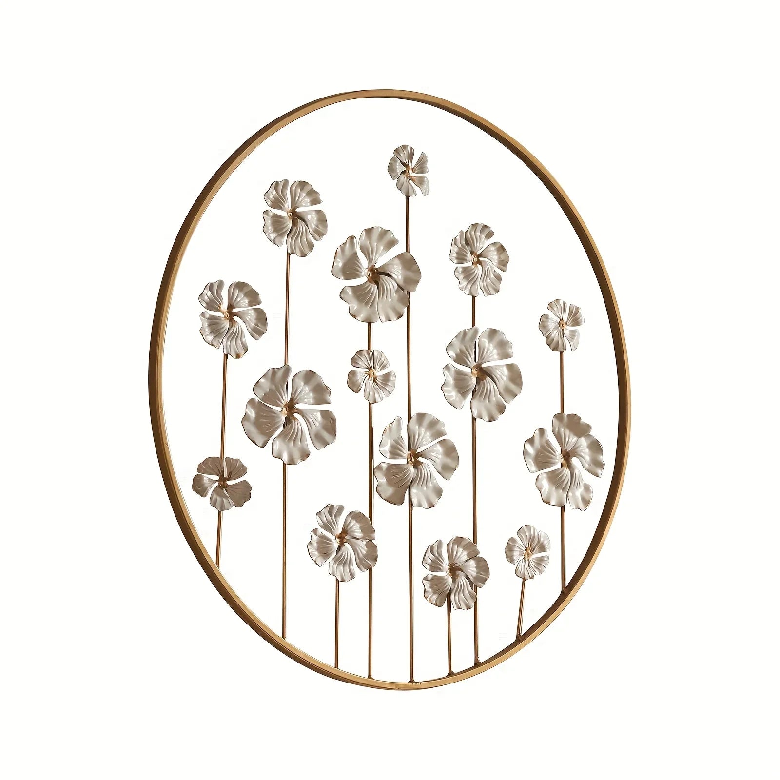 Iron Floral Wall Art with Golden Accents and White Flowers, angled view - House Of Avana