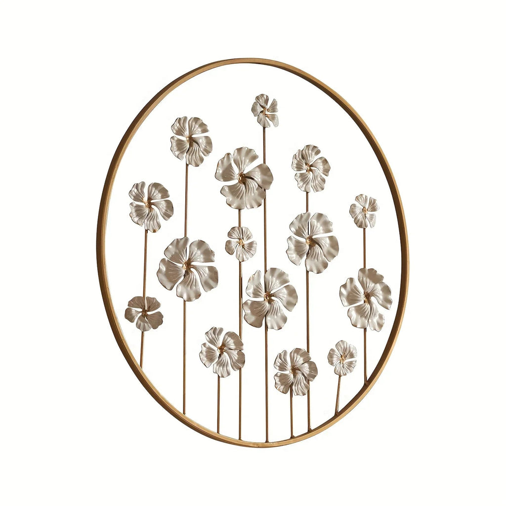 Iron Floral Wall Art with Golden Accents and White Flowers, angled view - House Of Avana [[SKU:HOA-WAL-044]]