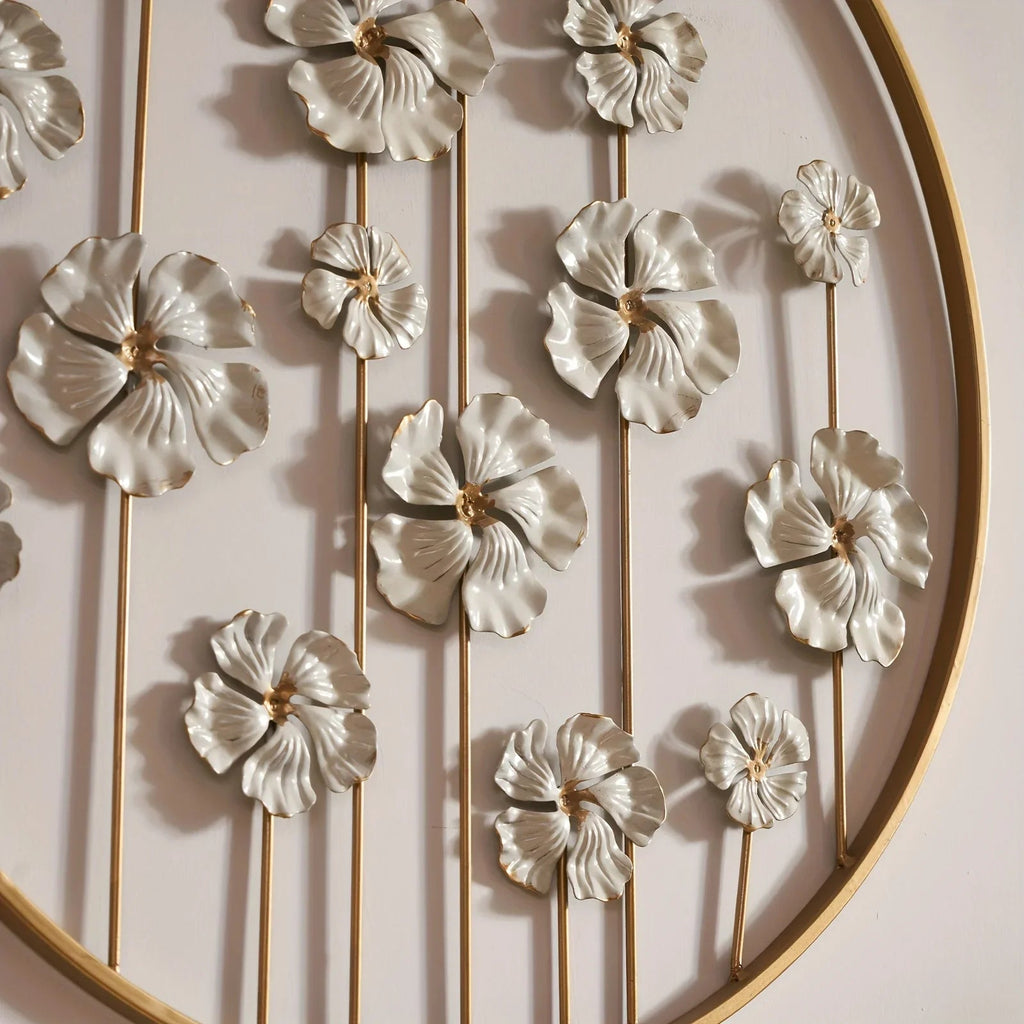 Iron Floral Wall Art with Golden Accents and White Flowers, front view - House Of Avana [[SKU:HOA-WAL-044]]