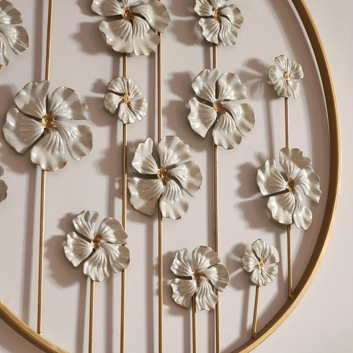 Iron Floral Wall Art with Golden Accents and White Flowers, front view - House Of Avana [[SKU:HOA-WAL-044]]