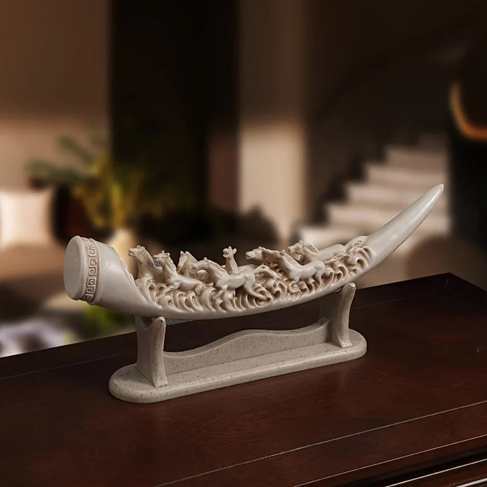 Horse Statue - Ivory Intricate Details, side view - House Of Avana