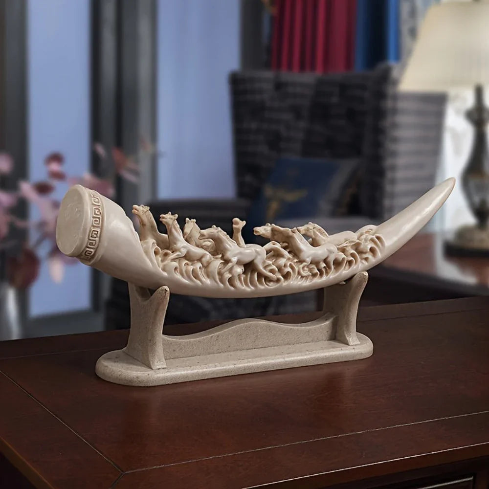 Horse Statue - Ivory Intricate Details, front view - House Of Avana