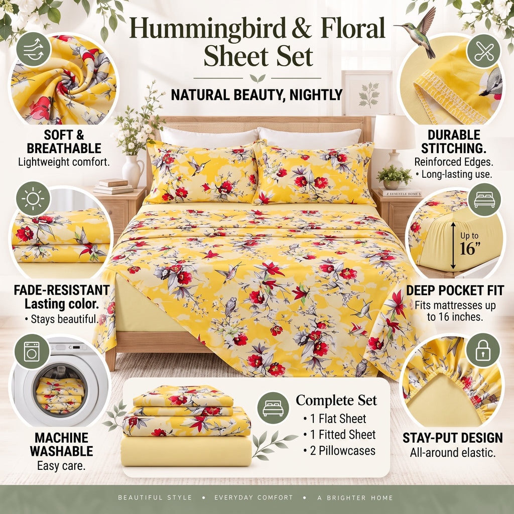 DaDa Bedding Sunshine Yellow Hummingbirds Floral Fitted & Flat Bed Sheets Set (JHW-925)