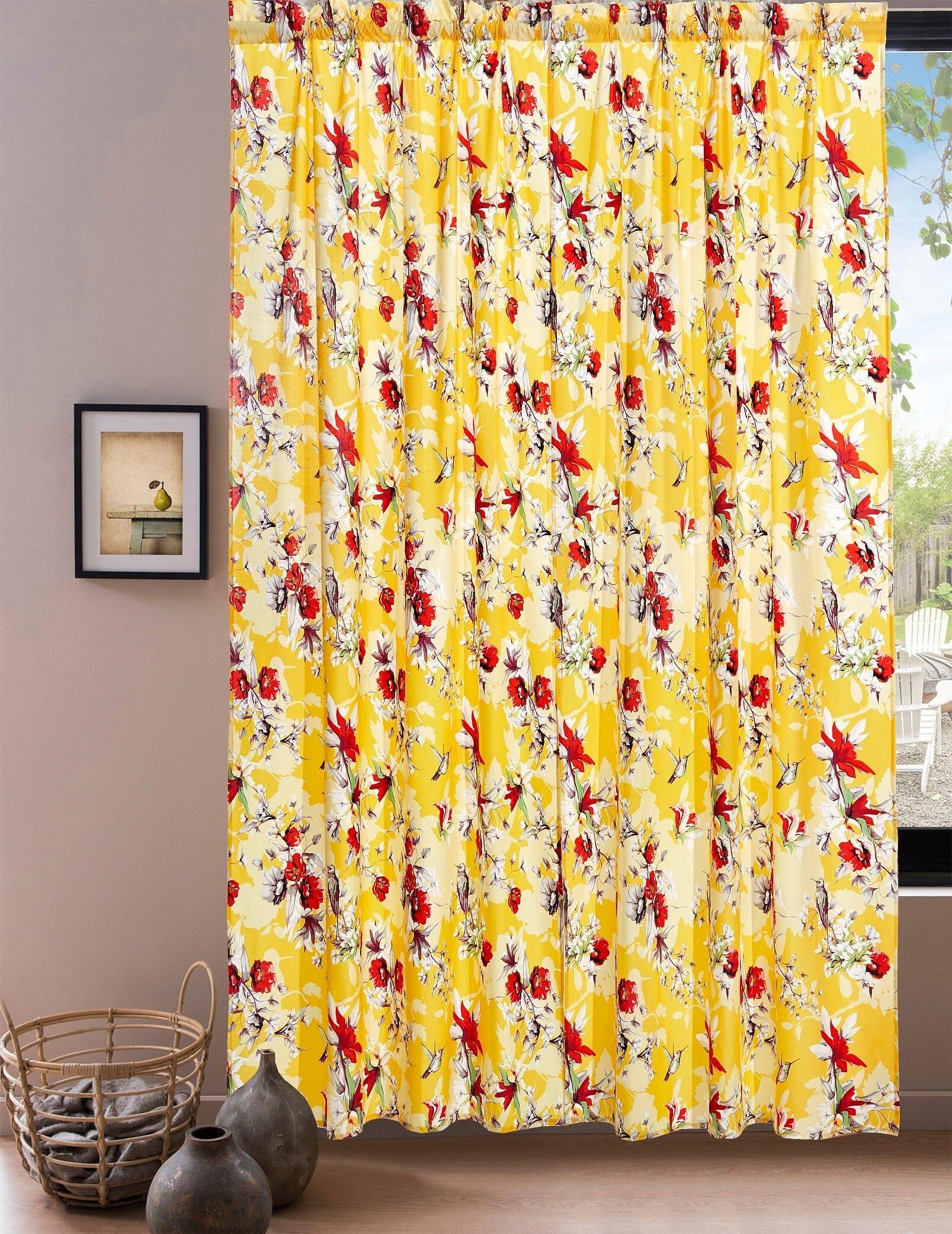 DaDa Bedding Set of 2 Radiant Sunshine Yellow Floral Window Curtain Panels - Natural Semi Sheer Hummingbirds Farmhouse Red Flowers Straight Tailored Edge DaDalogy Bedding Collection