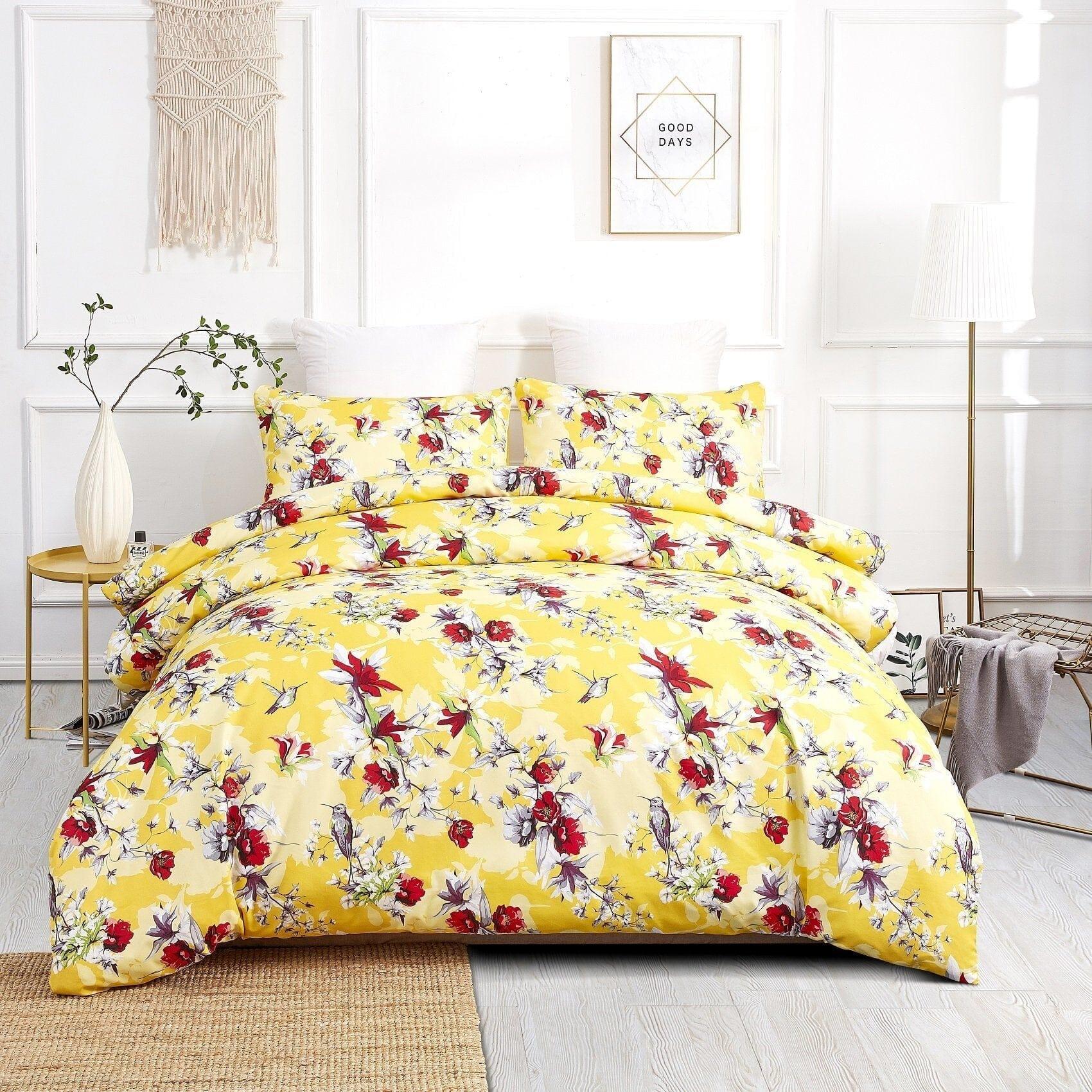DaDa Bedding Sunshine Yellow Hummingbirds Floral Duvet Cover & Fitted Flat Bed Sheets Set w/ Pillow Cases Window Valances (925) DaDalogy Bedding Collection