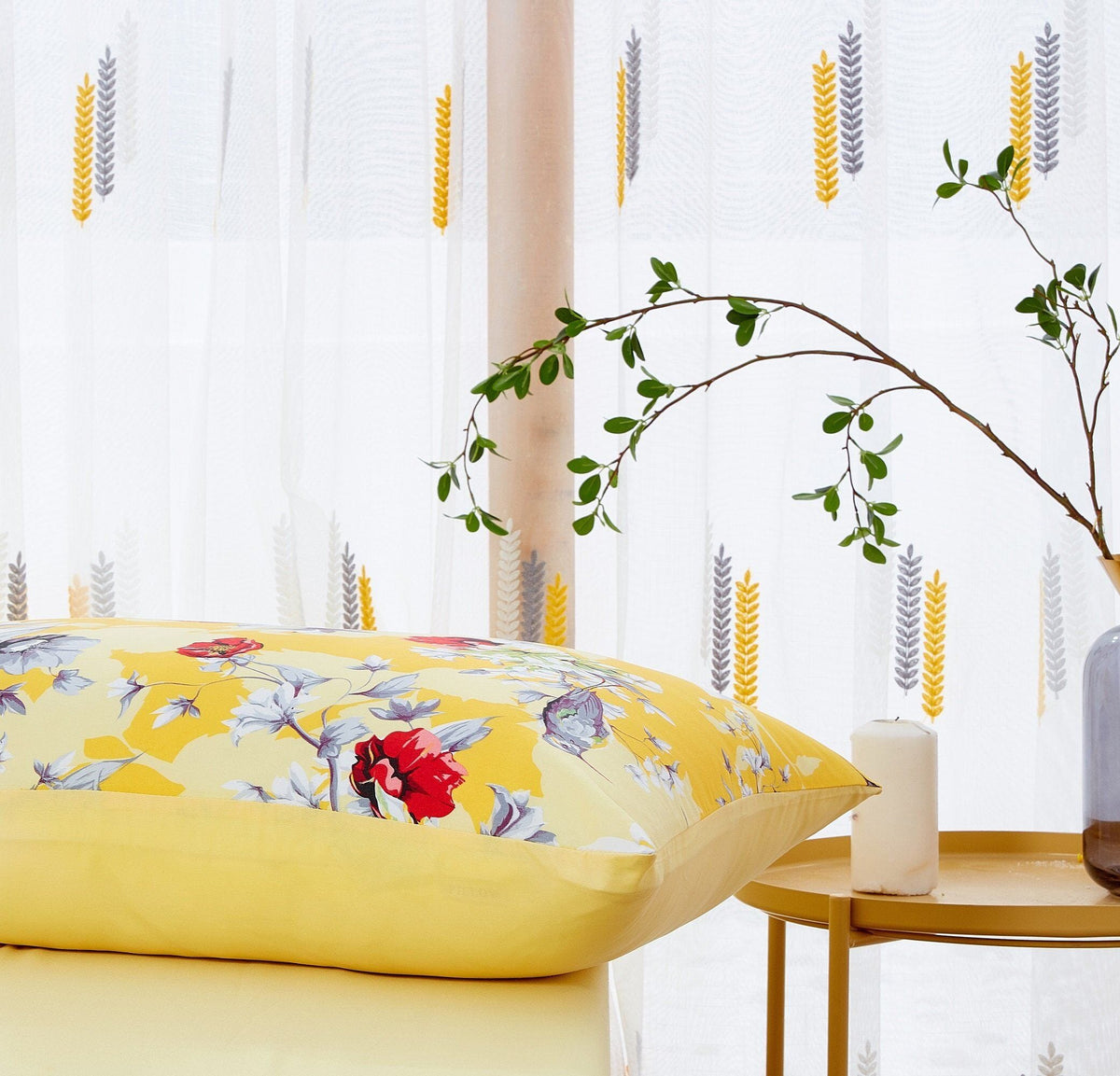 DaDa Bedding Sunshine Yellow Hummingbirds Floral Fitted & Flat Bed Sheets Set (JHW-925)