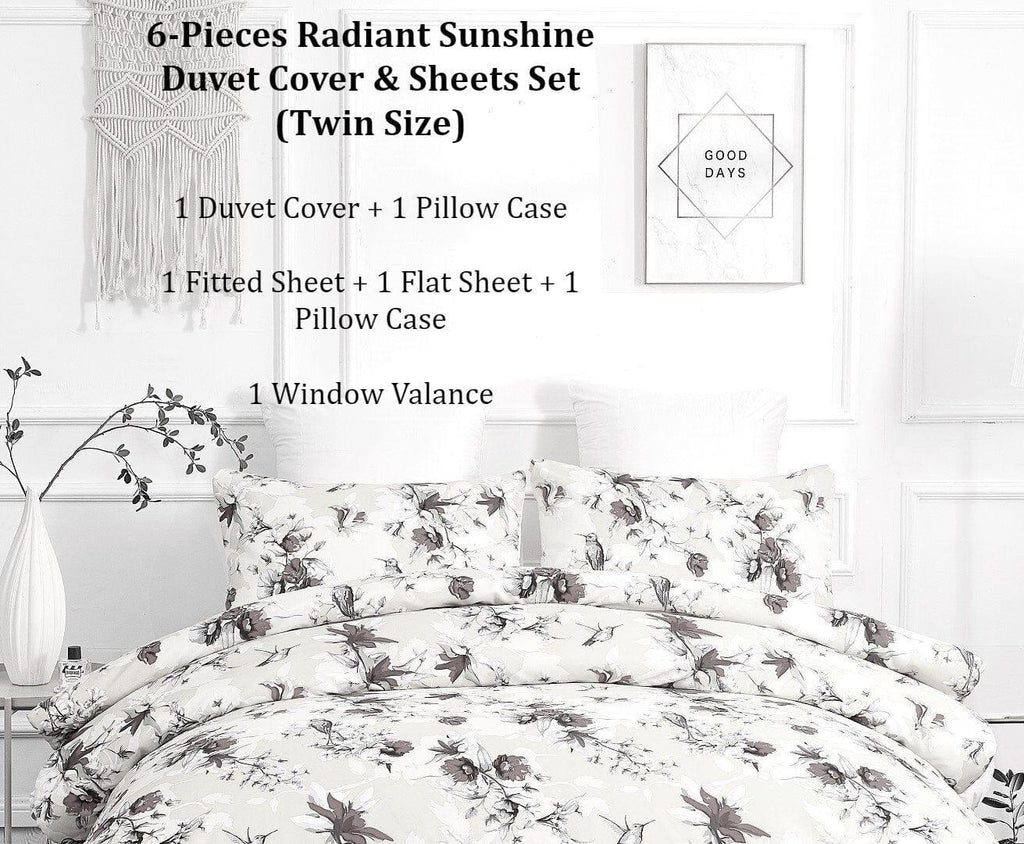 DaDa Bedding Sunshine Yellow Hummingbirds Floral Duvet Cover & Fitted Flat Bed Sheets Set w/ Pillow Cases Window Valances (925) DaDalogy Bedding Collection