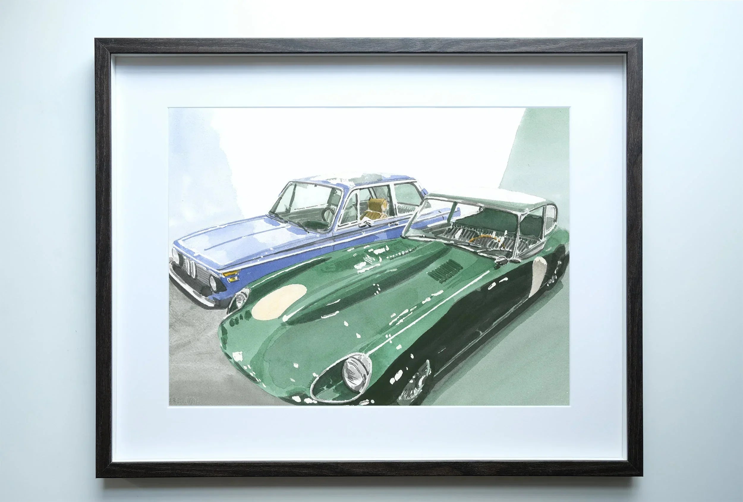 Jaguar E-type and Bmw Painting, Classic Cars, Watercolor, Print, back view - House Of Avana