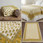 Cream & Mustard Yellow Jaipur Indian hand block print floral quilted comforter | hand block printed muslin cotton quilt Jaipur India | Indian handicraft bedding | Sanganer floral comforter Queen King | artisan block print | House of Avana