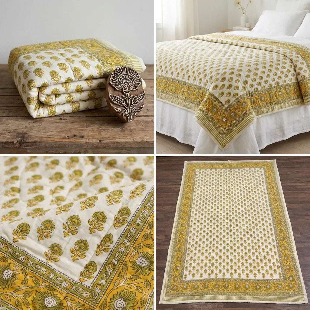 Cream & Mustard Yellow Jaipur Indian hand block print floral quilted comforter | hand block printed muslin cotton quilt Jaipur India | Indian handicraft bedding | Sanganer floral comforter Queen King | artisan block print | House of Avana [[SKU:HOA-COM-MYOG-009]]