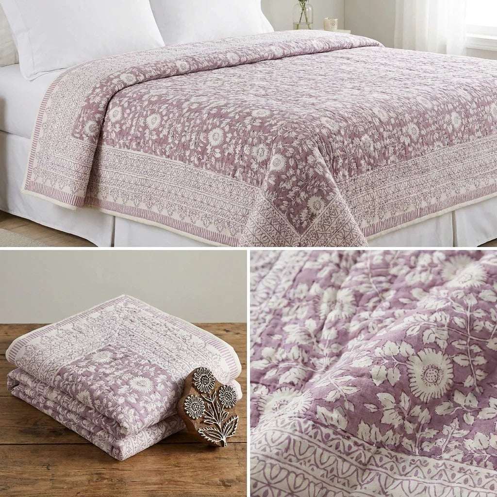 Cream & Sage Green Jaipur Indian hand block print floral quilted comforter | Jaipur Indian hand block print cotton muslin quilted comforter | Sanganer floral block print bedding | Queen King size quilt India | House of Avana [[SKU:HOA-COM-CRSG-021]]