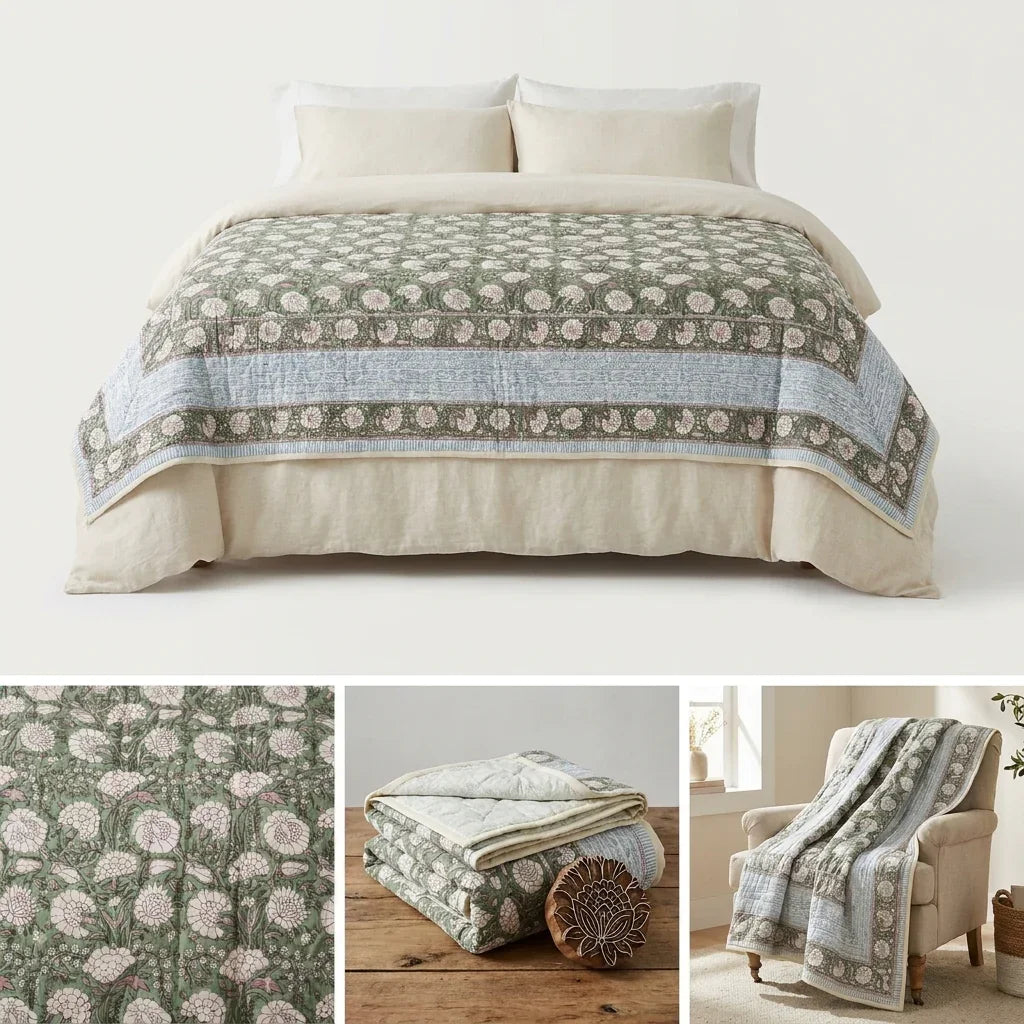 Cream & Golden Yellow Rust Jaipur Indian hand block print floral quilted comforter | Jaipur Indian block print cotton muslin quilted comforter | Sanganer hand block print floral bedding | quilt Queen King size India handicraft | House of Avana