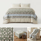 Cream & Golden Yellow Rust Jaipur Indian hand block print floral quilted comforter | Jaipur Indian block print cotton muslin quilted comforter | Sanganer hand block print floral bedding | quilt Queen King size India handicraft | House of Avana