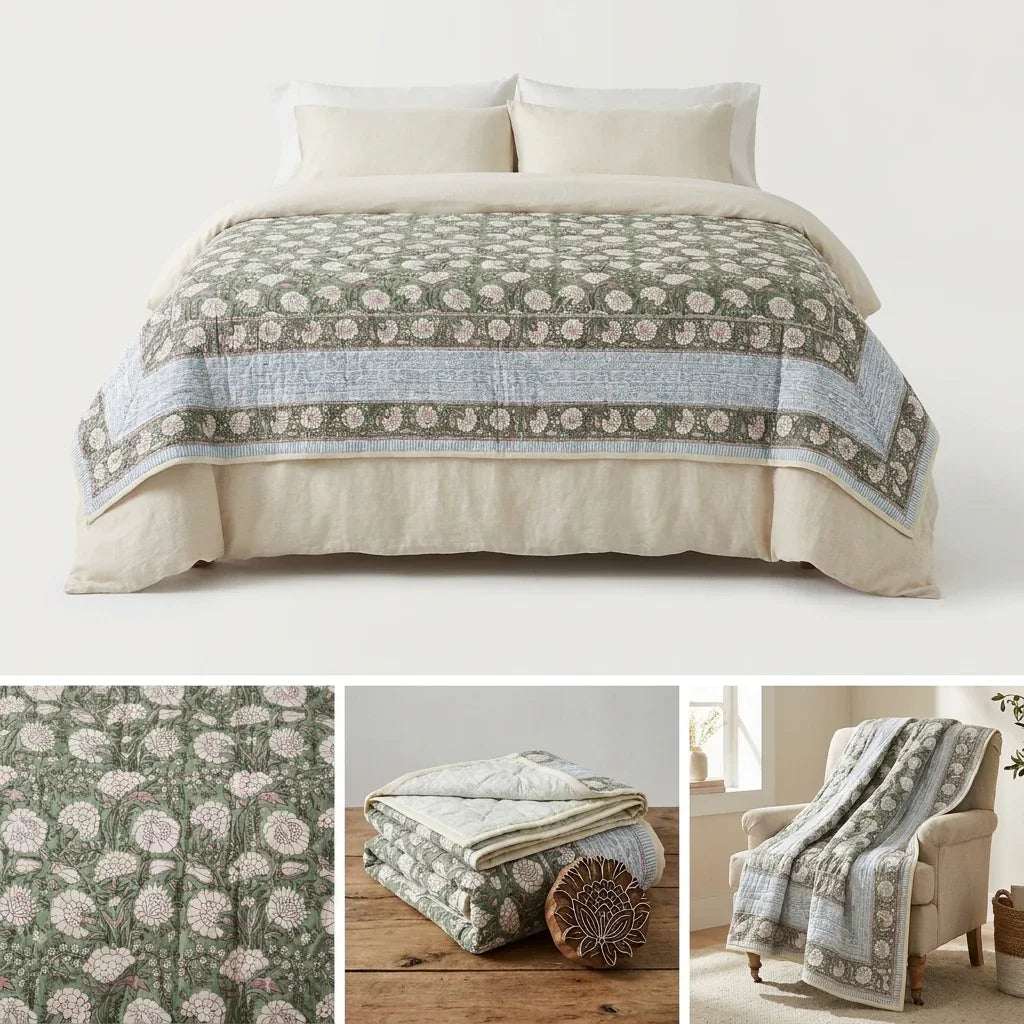 Cream & Golden Yellow Rust Jaipur Indian hand block print floral quilted comforter | Jaipur Indian block print cotton muslin quilted comforter | Sanganer hand block print floral bedding | quilt Queen King size India handicraft | House of Avana [[SKU:HOA-COM-GYRU-023]]