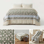 Cream & Golden Yellow Rust Jaipur Indian hand block print floral quilted comforter | Jaipur Indian block print cotton muslin quilted comforter | Sanganer hand block print floral bedding | quilt Queen King size India handicraft | House of Avana [[SKU:HOA-COM-GYRU-023]]