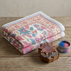 Cream & Rose Pink Dusty Blue Jaipur Indian hand block print floral quilted comforter | hand block printed muslin cotton quilt Jaipur India | Indian handicraft bedding | Sanganer floral comforter Queen King | artisan block print | House of Avana
