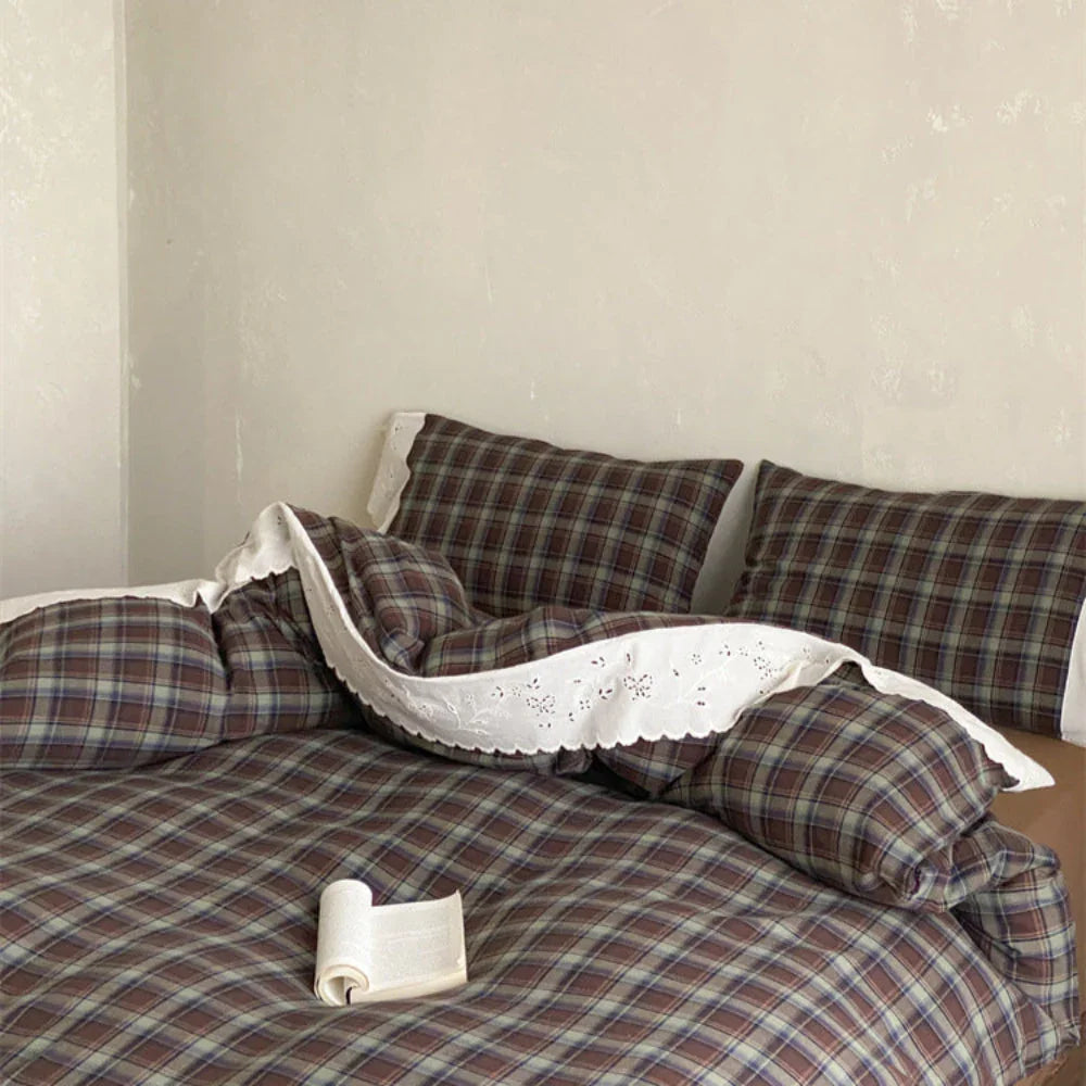 June Lace Double Gauze Gingham Bedding Set / Brown Ever Lasting