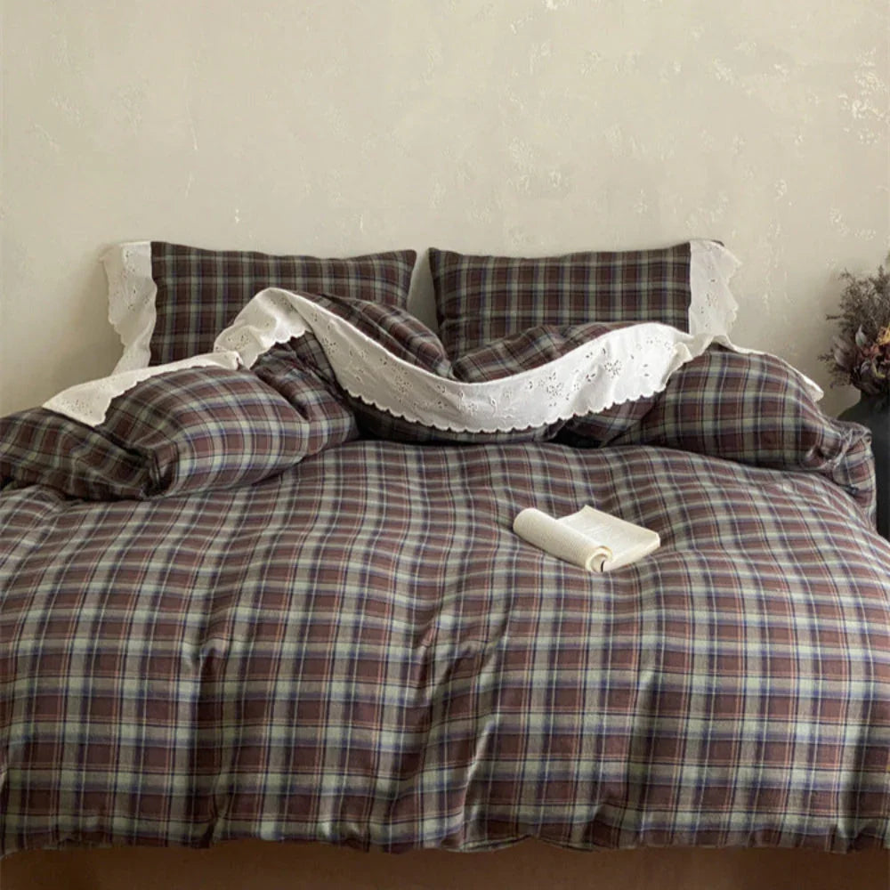 June Lace Double Gauze Gingham Bedding Set / Brown Ever Lasting