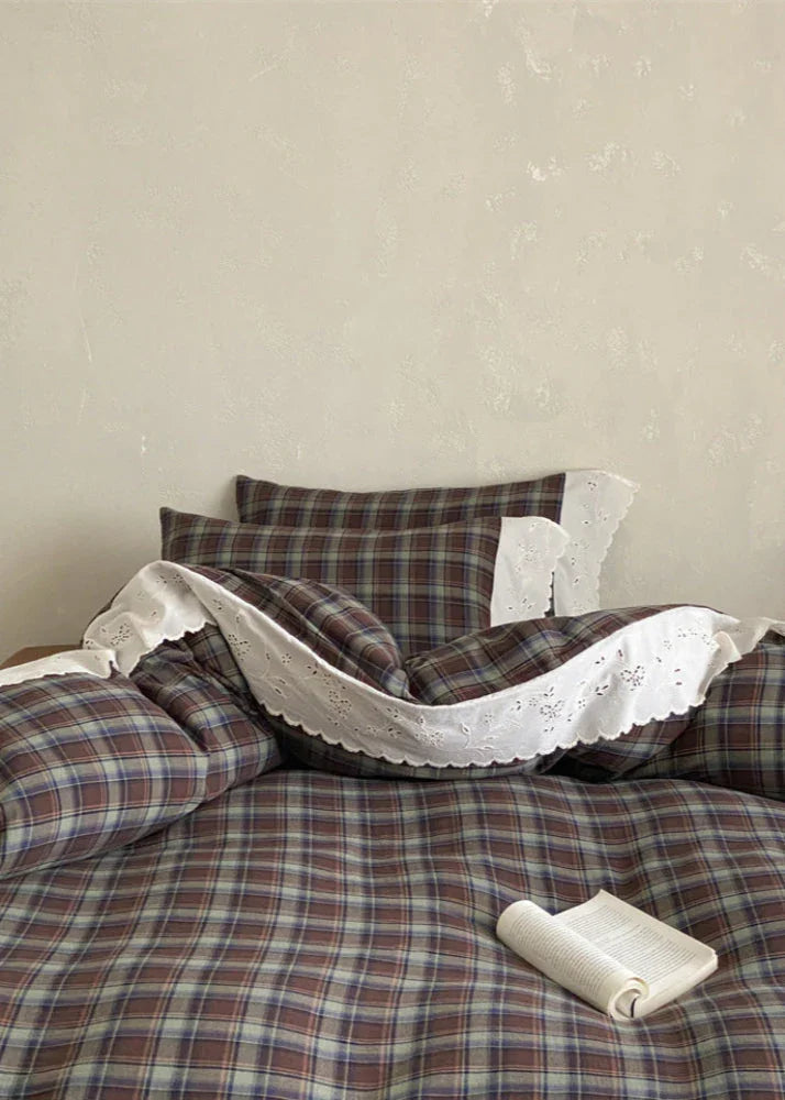 June Lace Double Gauze Gingham Bedding Set / Brown Ever Lasting