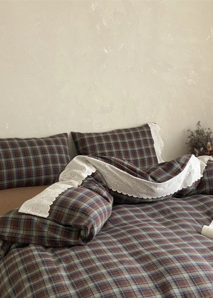 June Lace Double Gauze Gingham Bedding Set / Brown Ever Lasting