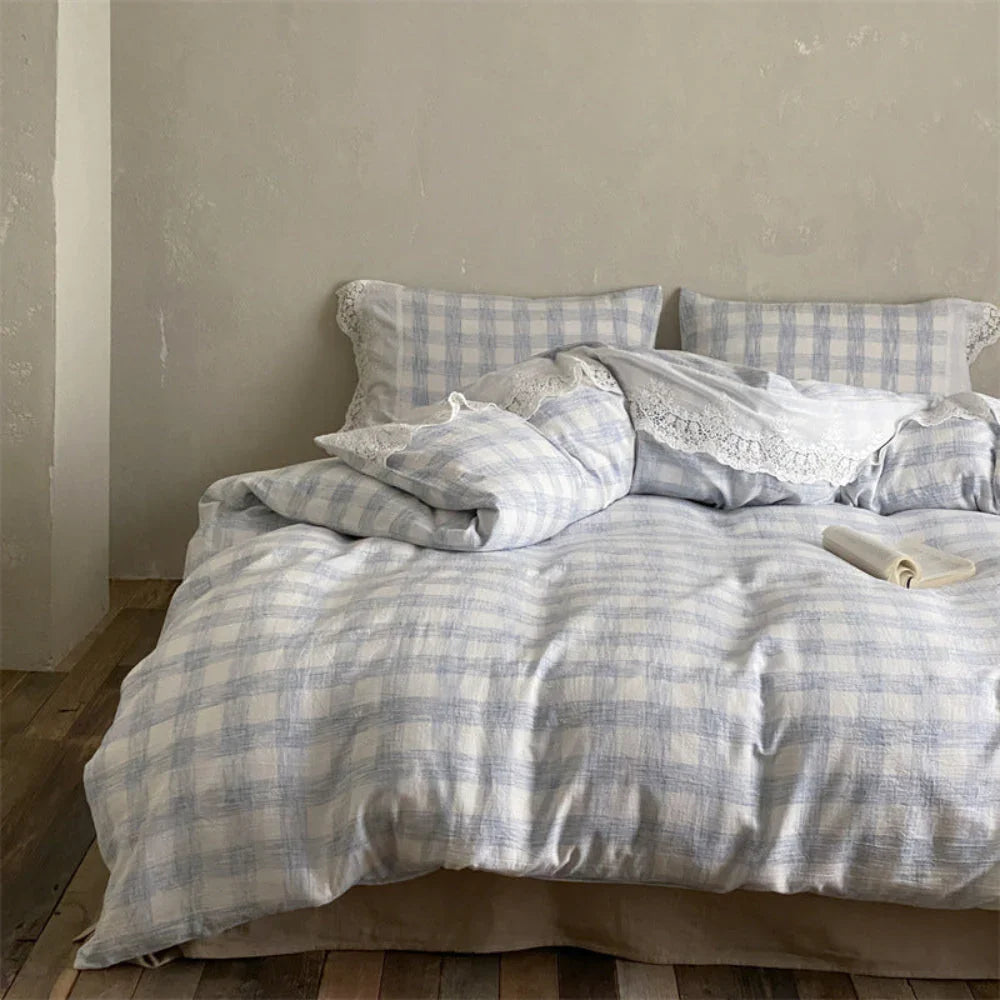 June Lace Double Gauze Gingham Bedding Set / Brown Ever Lasting