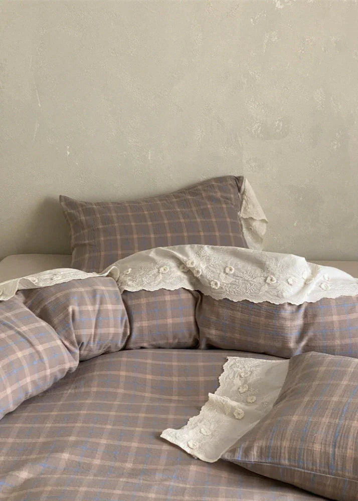 June Lace Double Gauze Gingham Bedding Set / Brown Ever Lasting