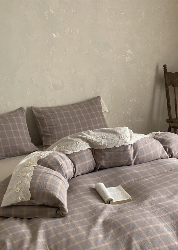 June Lace Double Gauze Gingham Bedding Set / Brown Ever Lasting