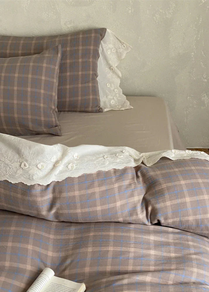 June Lace Double Gauze Gingham Bedding Set / Brown Ever Lasting