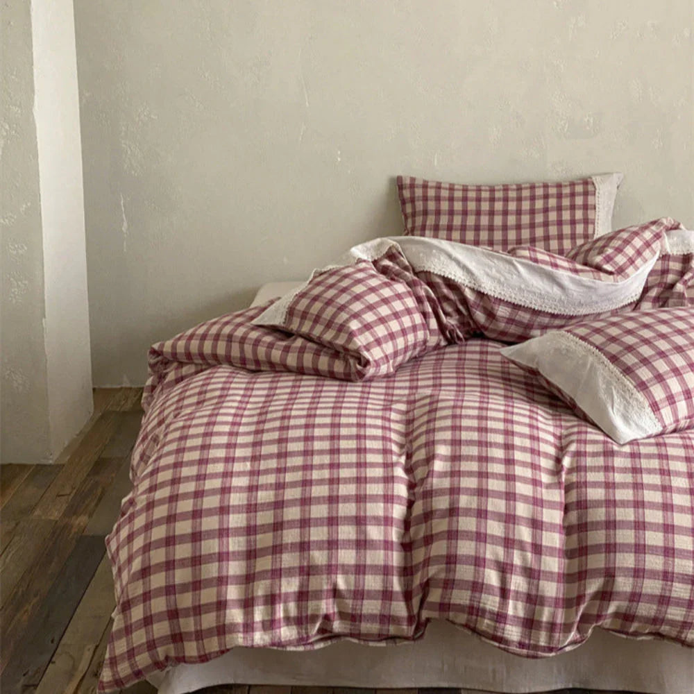 June Lace Double Gauze Gingham Bedding Set / Brown Ever Lasting