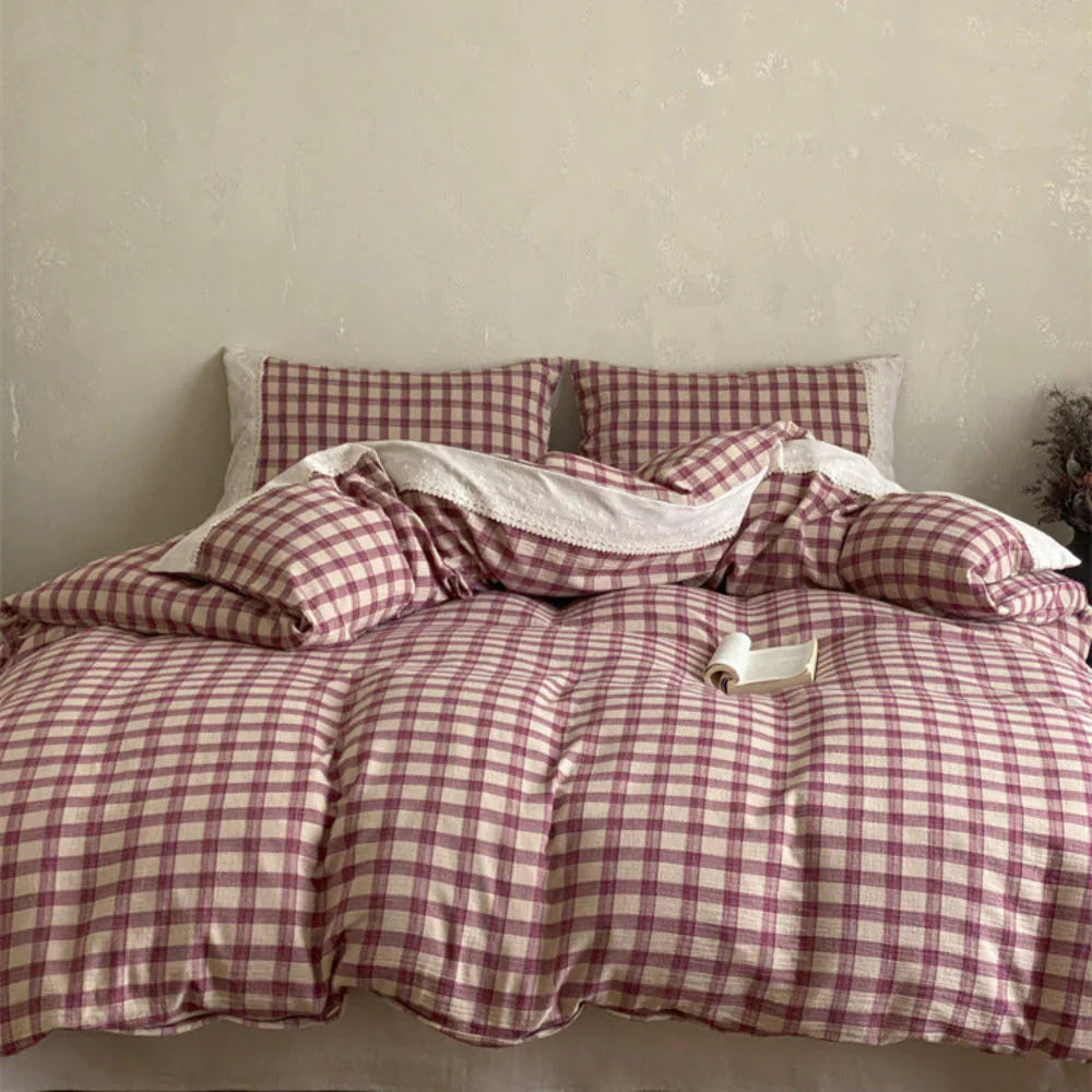 June Lace Double Gauze Gingham Bedding Set / Brown Ever Lasting