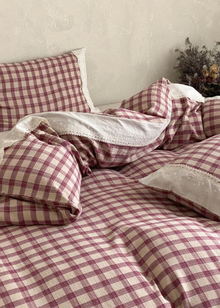 June Lace Double Gauze Gingham Bedding Set / Brown Ever Lasting