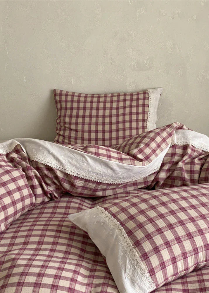 June Lace Double Gauze Gingham Bedding Set / Brown Ever Lasting
