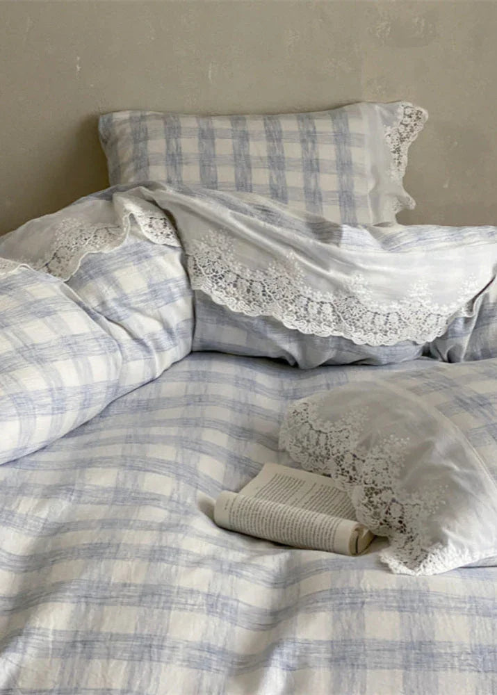 June Lace Double Gauze Gingham Bedding Set / Brown Ever Lasting